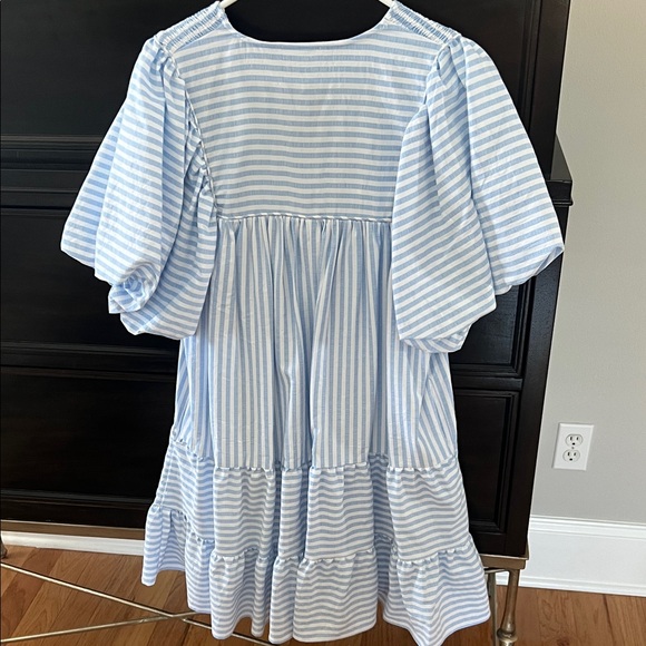 Entro Light Blue and White Smocked Striped Dress - Picture 6 of 8